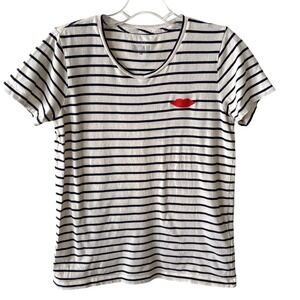 J. Crew Factory Women's Navy and White Striped Embroidered Lips Tee in Size XS